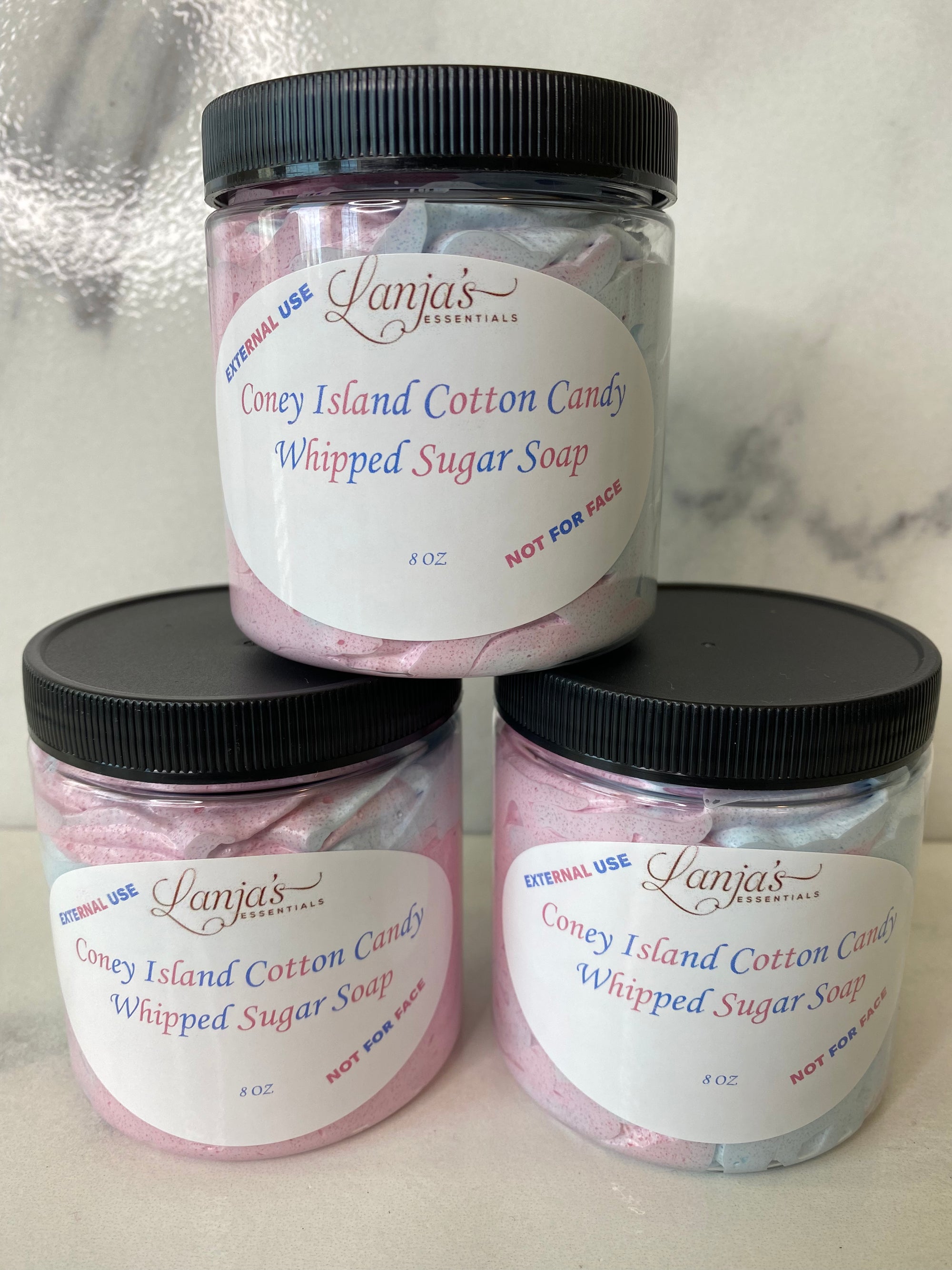 Benefits: Cotton Candy Whipped Sugar Soap exfoliates the skin and leaves you free from dead skin. This sugar soap will leave your skin feeling rejuvenated!  Size: 8oz  Made with: Sugar, Glycerin, Water, Sorbitol, Sodium Chloride, Grape Seed Oil, Fragrance, Colorants   How to use: Massage scrub onto wet skin. Rinse off with warm water.