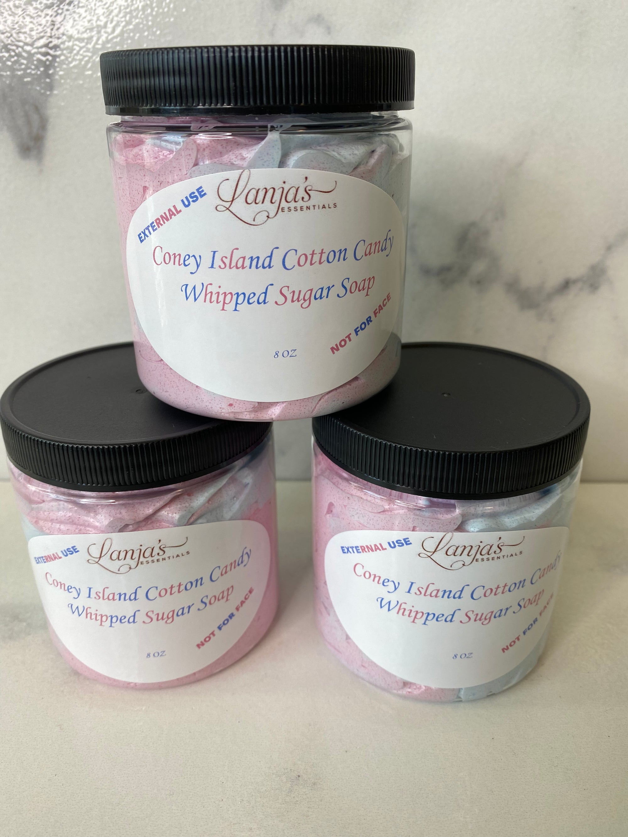 Benefits: Cotton Candy Whipped Sugar Soap exfoliates the skin and leaves you free from dead skin. This sugar soap will leave your skin feeling rejuvenated!  Size: 8oz  Made with: Sugar, Glycerin, Water, Sorbitol, Sodium Chloride, Grape Seed Oil, Fragrance, Colorants   How to use: Massage scrub onto wet skin. Rinse off with warm water.